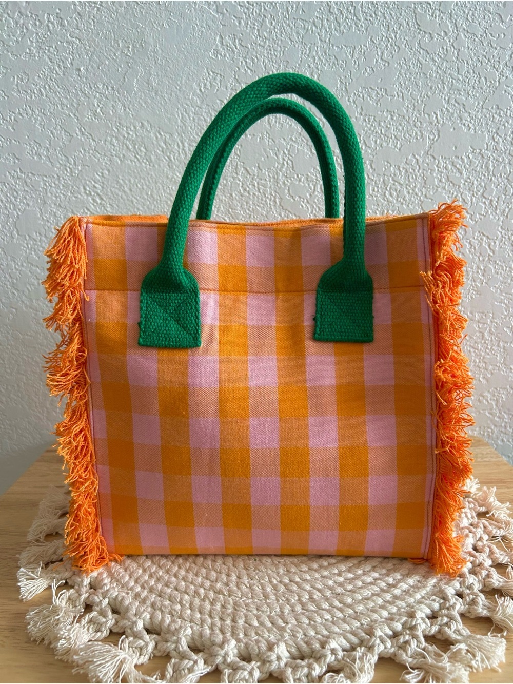 Shiraleah Ana Orange and Pink Gingham Fringe Mini Tote Crossbody Bag - Picture 2 of 6